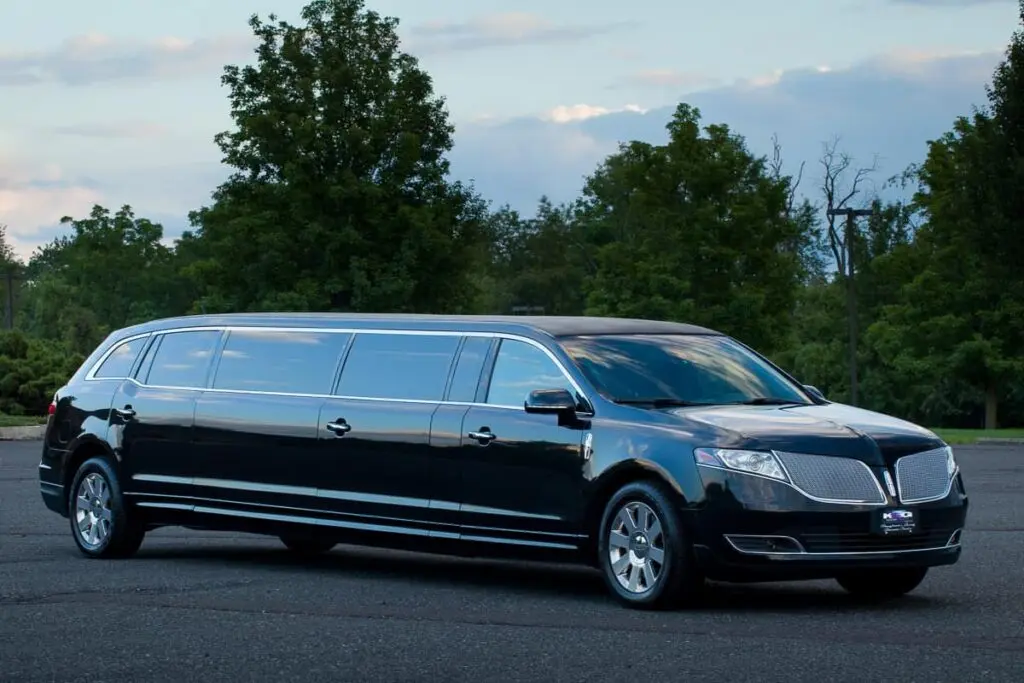 Black stretch limousine on a tree-lined road